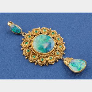 Antique 18kt Gold, Black Opal and Emerald Pendant