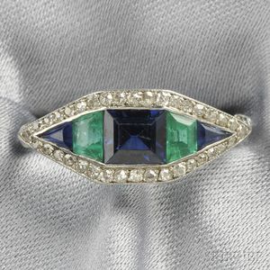 Art Deco Platinum, Synthetic Sapphire, Emerald, and Diamond Ring
