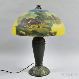 Reverse-painted and Cast Metal Table Lamp