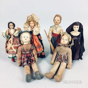 Six Small Felt, Painted Cloth, and Celluloid Dolls