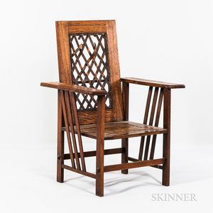 Arts and Crafts Oak and Leather Armchair