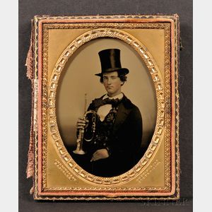 Quarter Plate Ambrotype Portrait of a Young Man Seated, with a Bugle