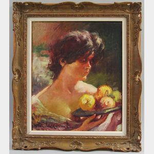 Gonzales Carbonell (Spanish, 20th Century) Woman Holding a Platter of Fruit.