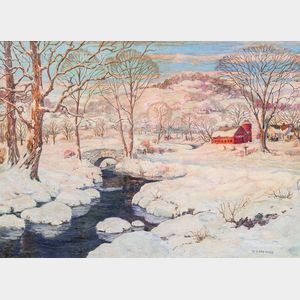 William Chadwick (American, 1879-1962) Snowy Landscape with Red Barn and Stream