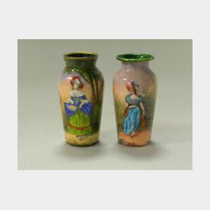Two Small French Lady in Landscape Enamel Decorated Metal Cabinet Vases.