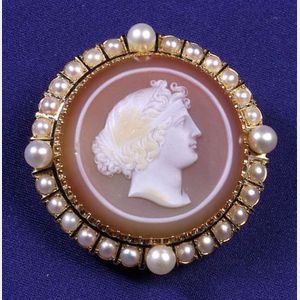 Antique 18kt Gold, Carnelian Agate Cameo and Seed Pearl Brooch
