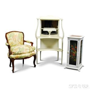 Louis XV-style Carved Walnut Upholstered Fauteuil, a Painted Etagere, and a Cabinet