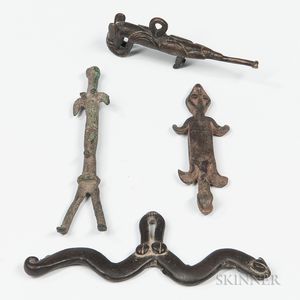 Lobi Bronze Snake and Three Bronze Amulets from Burkina Faso