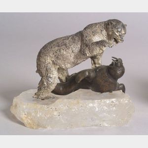 Silver, Bronze and Rock Crystal Figural Group of a Polar Bear and Walrus