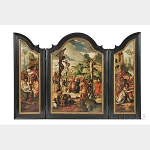 Attributed to Jan van Rillaert the Elder (Flemish, 1495-1568),Triptych Altarpiece: Central Panel showing the Crucifixion, Right Panel