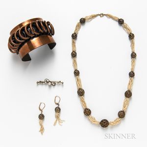 Rebajes Copper Cuff, a Pearl-set Brooch, a Silver-plated Hairpin, and a Seed Pearl and Filigree Bead Necklace and Earring Suite