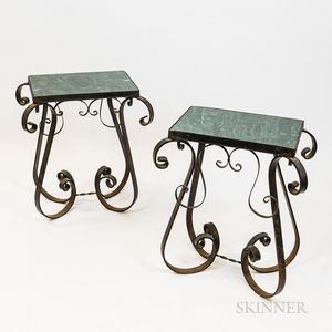 Two Small Wrought Iron and Green Marble-top Tables