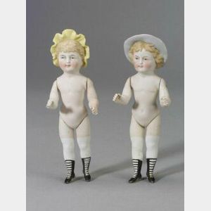 Large All Bisque Boy and Girl Paif with Molded Hats