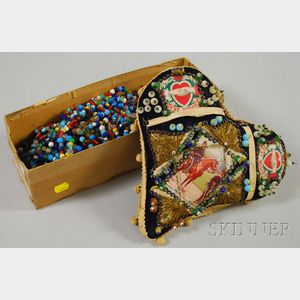Box of Strung Glass Beads and a Late Victorian Beaded Heart-shaped Best Wishes Pillow.