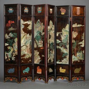 Six-panel Brown Lacquer and Polychrome Wood Coromandel Screen