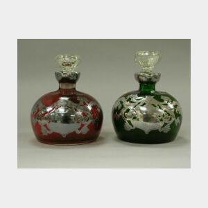 Pair of Heraldic Silver Overlaid Red and Green Cut to Clear Glass Decanters