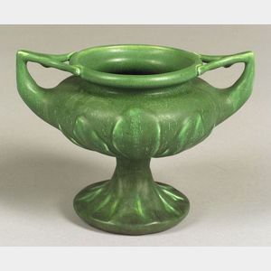 Hampshire Pottery Matte Green Glazed Double-Handled Footed Vase