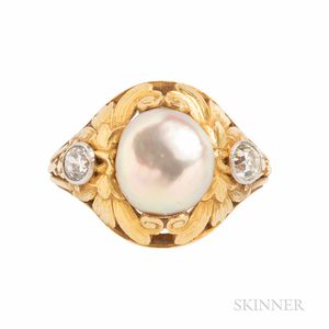Arts and Crafts 18kt Gold, Button Pearl, and Diamond Ring