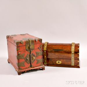 Brass-bound Rosewood Dome-top Box and a Red-lacquered Box