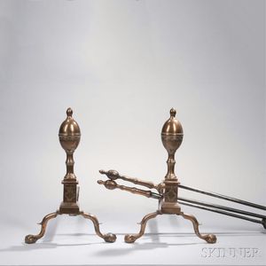 Pair of Engraved Bell Metal Lemon-top Andirons and Matching Tools
