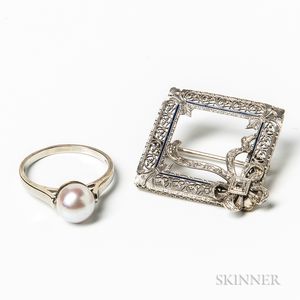 14kt White Gold and Diamond Brooch and 14kt White Gold and Pearl Ring