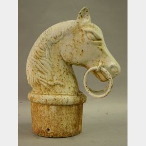 White Painted Cast Iron Horse-Head Hitching Post Finial