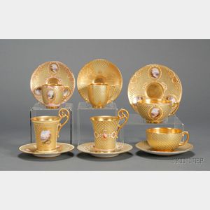 Six Assorted Jeweled Coalport Porcelain Cups and Saucers