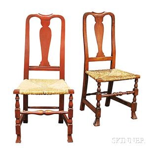 Two Queen Anne Red-painted Rush-seat Side Chairs