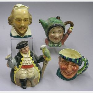 Royal Doulton Long John Silver Teapot, a Beswick Sairey Gamp Teapot, and Two English Ceramic Character Toby Jugs.