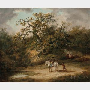 Attributed to Thomas Hand (British, 1771-1804) Wooded Landscape with Horseman Giving Alms