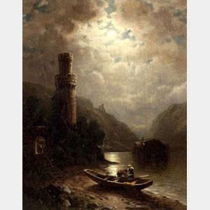 George W. Waters (American, 1832-1912) River Crossing by Moonlight.