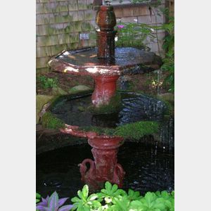 Victorian Red Painted Cast Iron Three-Tier Garden Fountain