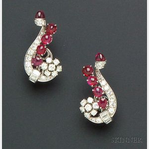 Platinum, Ruby, and Diamond Earclips