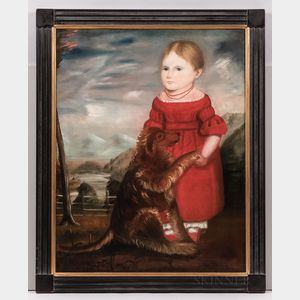 American School, Early 19th Century Portrait of a Young Girl in Red with Her Dog