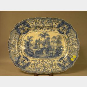 English Blue and White Delphi Pattern Transfer Decorated Well and Tree Platter.