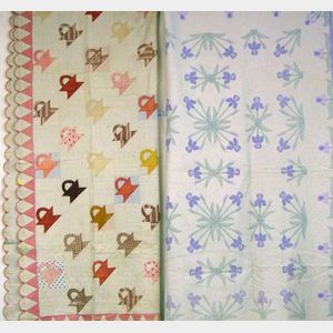 Missouri Iris Pattern Applique Cotton Quilt and a New Jersey Pieced and Applique Cotton Quilt.