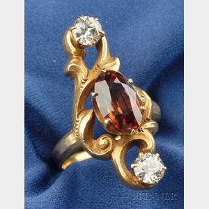 Art Nouveau 14kt Gold, Zircon and Diamond Ring