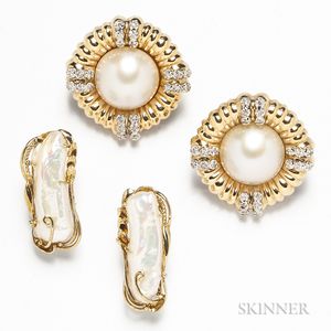 Two Pairs of 14kt Gold and Pearl Earrings