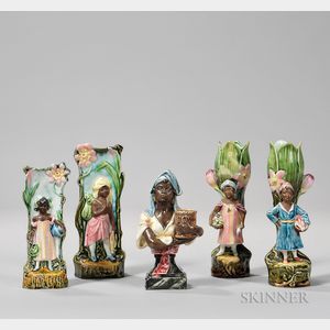 Five Small Majolica Vases Decorated with Images of African American Women. 
