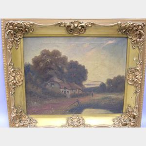 Framed Oil Landscape with a Thatched Cottage.