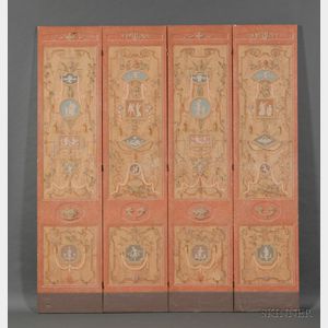 Neoclassical-style Painted Canvas Four-Panel Folding Floor Screen