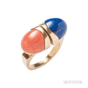 18kt Gold, Coral, and Lapis Ring