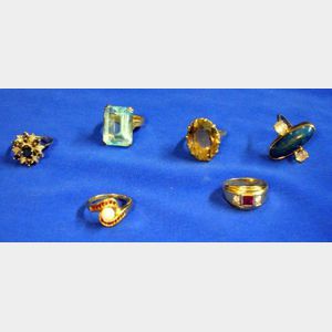 Six 14kt Gold, Gemstone, and Diamond Melee Rings