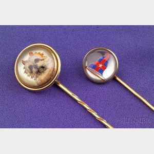 Two 14kt Gold and Reverse Painted Crystal Stickpins