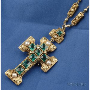 Arts & Crafts Green Tourmaline, Pearl, and Onyx Cross and Chain, Edward Oakes