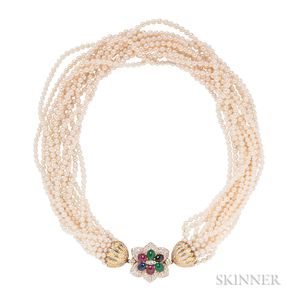 Cultured Pearl and Gem-set Necklace