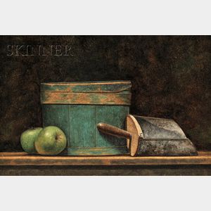 David Brega (American, b. 1948) Still Life with Apples, Box, and Scoop
