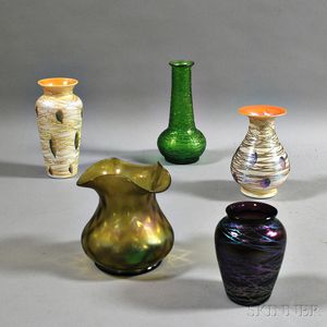 Five Iridescent Art Glass Vases
