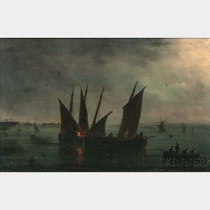 Herminie Henriette Gudin (French, 1825-c. 1876) Fishing Vessels in Moonlight