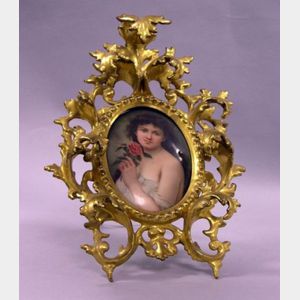 Rococo Giltwood Framed German Miniature Handpainted Portrait on Porcelain